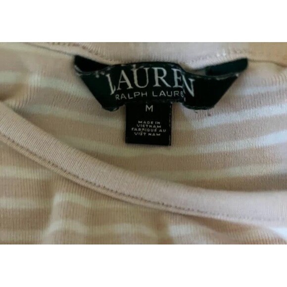 Lauren Ralph Lauren Beige & White Striped Normcore Minimalist SS Tee Sz M - Picture 2 of 7